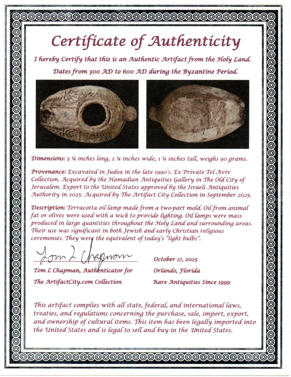 Ancient Holy Land Oil Lamp Artifact 2 Hidden Christian Crosses 300-600AD COA 111