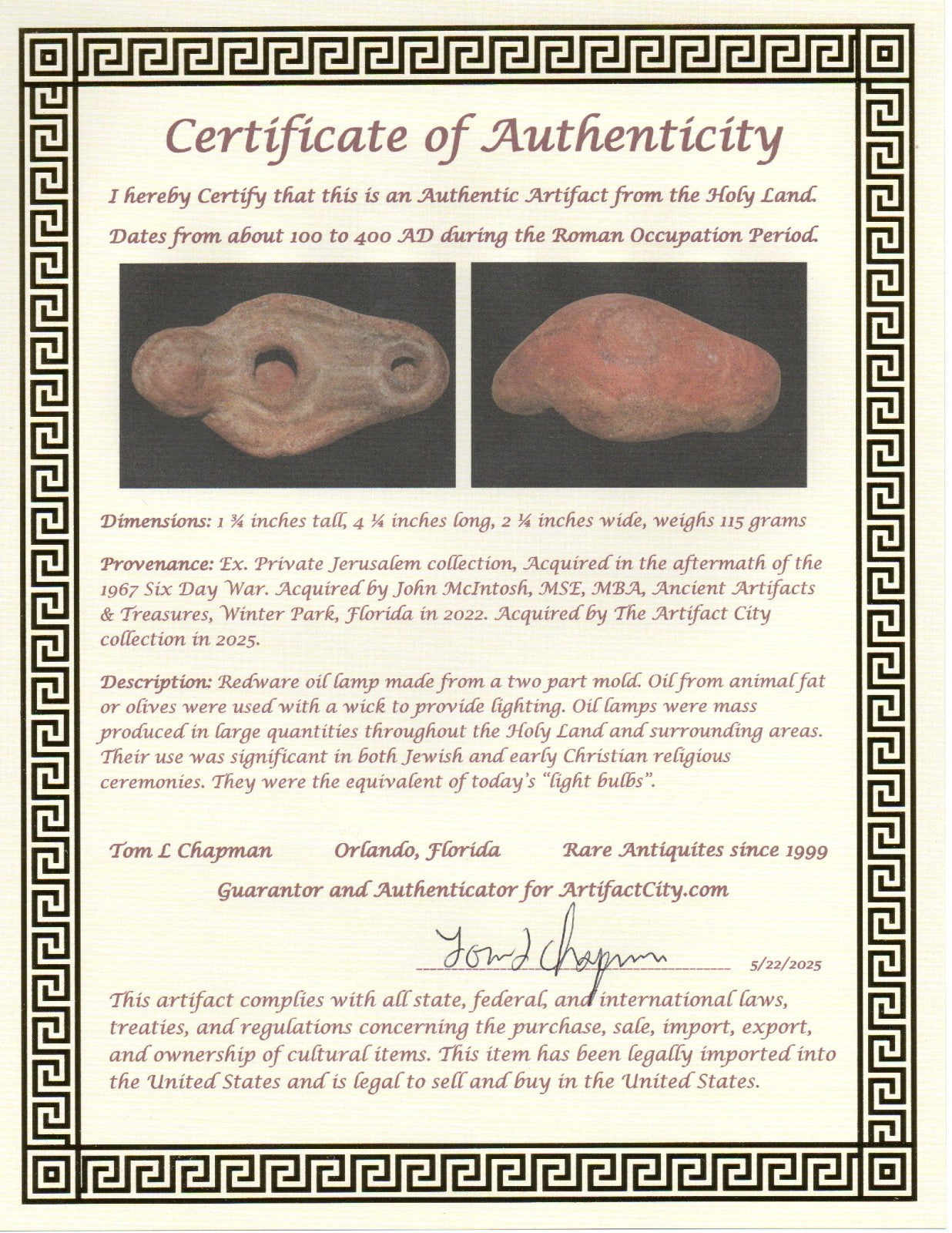 Jesus Christ Homeland Oil Lamp Authentic Holy Land Artifact 100-400 AD COA J122