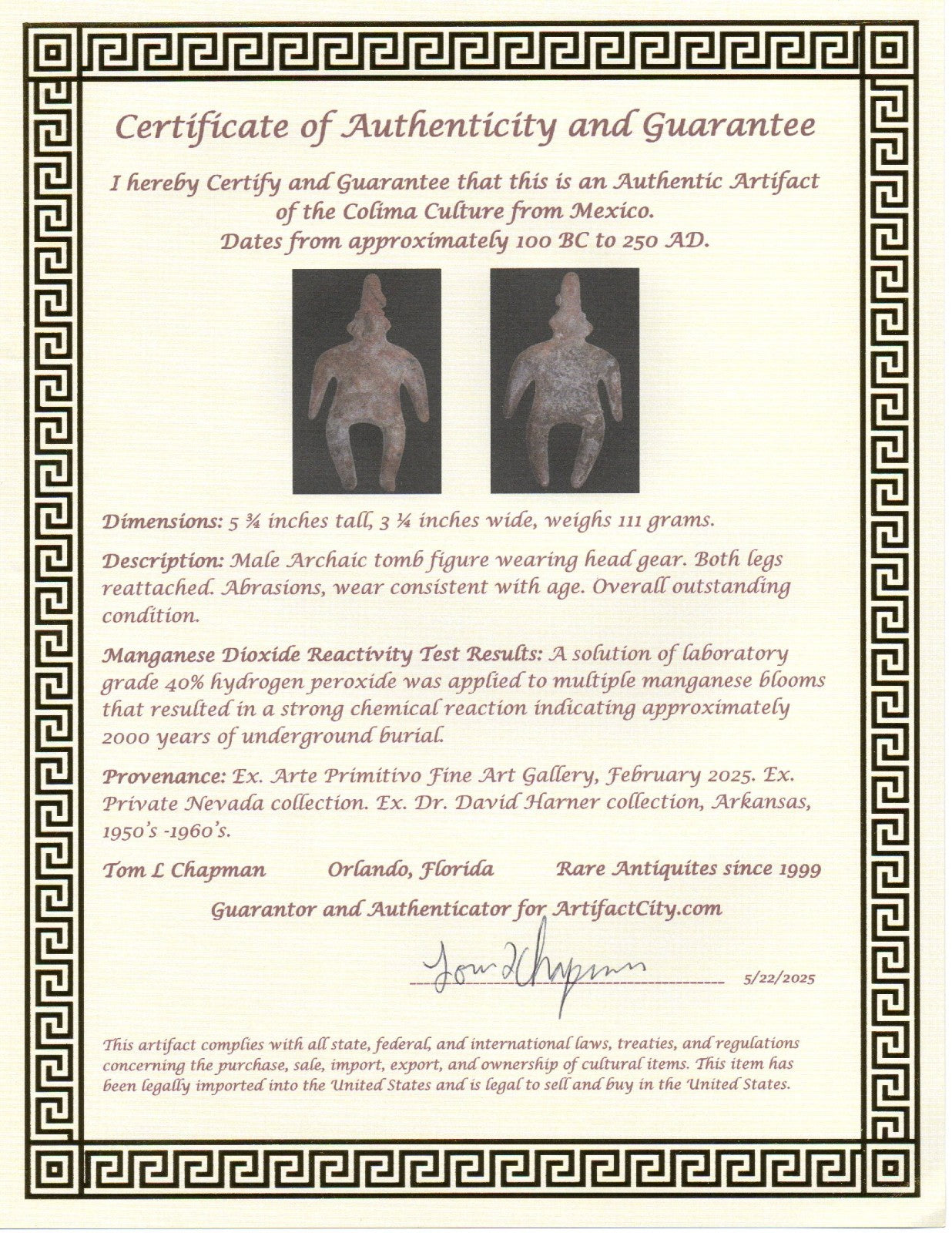 Pre Columbian Authentic Artifact Male Archaic Tomb Figure Colima Mexico COA 19