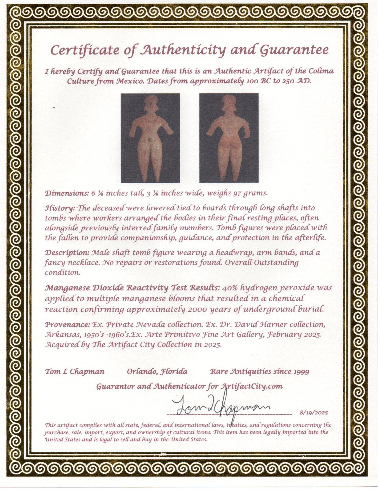 Pre Columbian Artifact 6 in Male Shaft Tomb Figure Colima Mexico 100BC COA 273