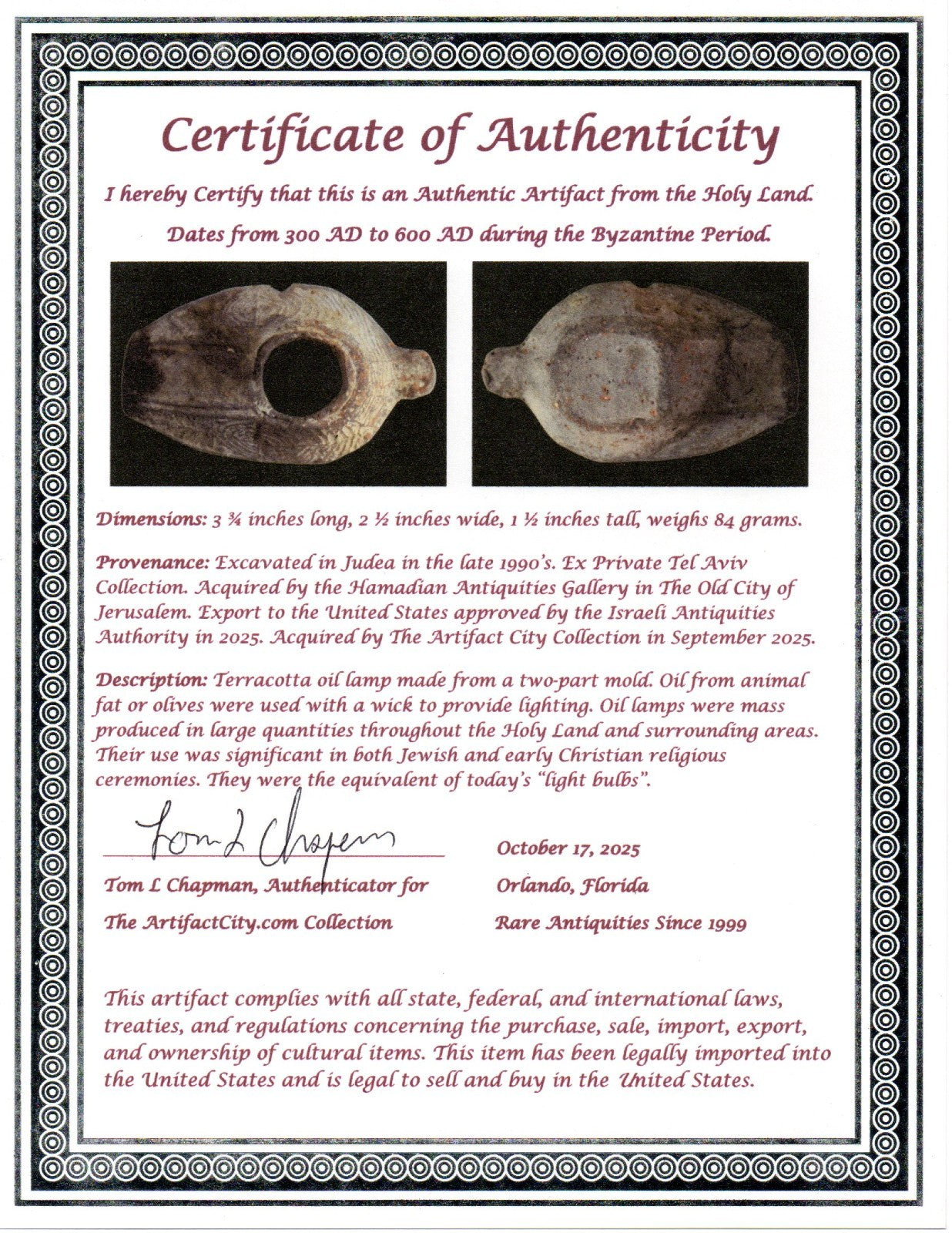 Ancient Holy Land Oil Lamp Artifact 2 Hidden Christian Crosses 300-600 AD COA 88