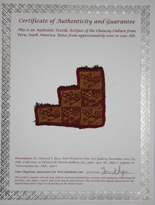Authentic Pre Columbian Artifact Frameable Textile Border Chancay Peru COA 18