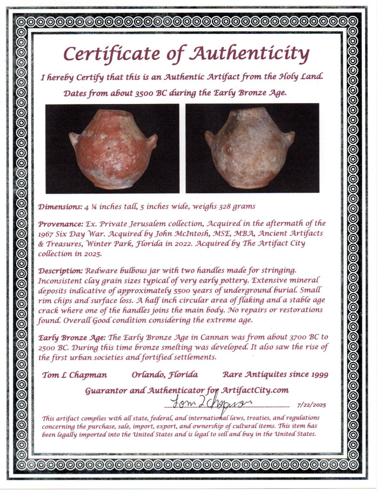 Ancient Holy Land Artifact 5500 Year Old Jar Before Abraham 3500 BC COA J144