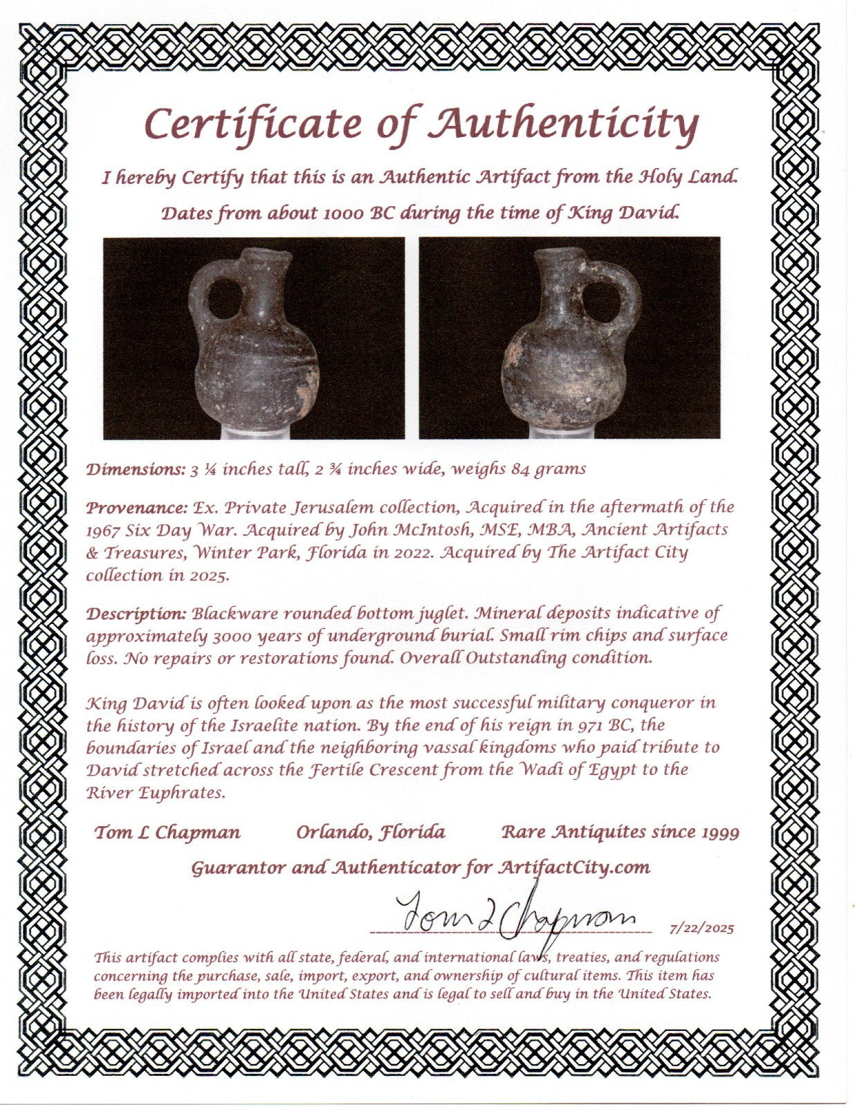 Holy Land Artifact Authentic 3000 Year Old Juglet King David Era 1000BC COA J132