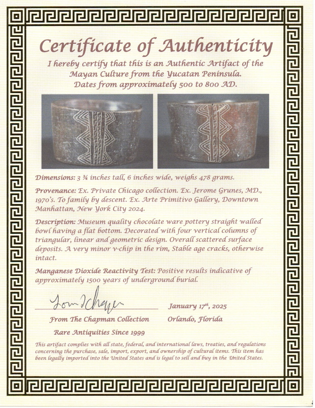 Authentic Pre Columbian Artifact Mayan Incised Bowl Ex Arte Primitivo COA T118