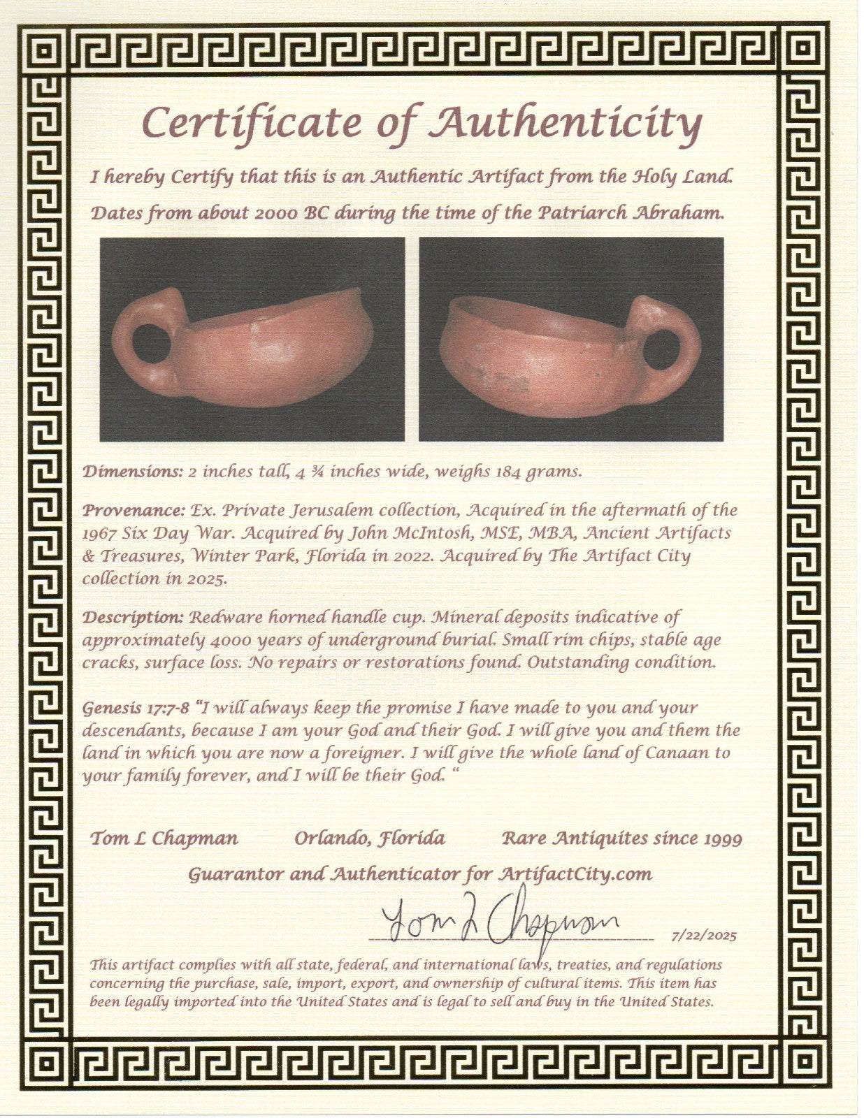 Holy Land Artifact Authentic 4000 Year Old Cup Time of Abraham 2000 BC COA J114