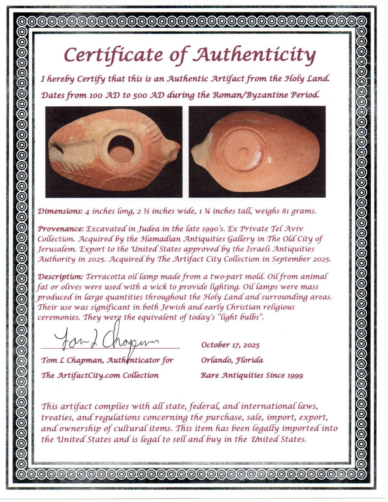 Ancient Holy Land Oil Lamp Artifact From Jesus Christ Home Land 100-500AD COA 57