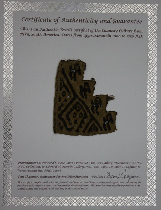 Authentic Pre Columbian Artifact Frameable Textile Border Chancay Peru COA 32