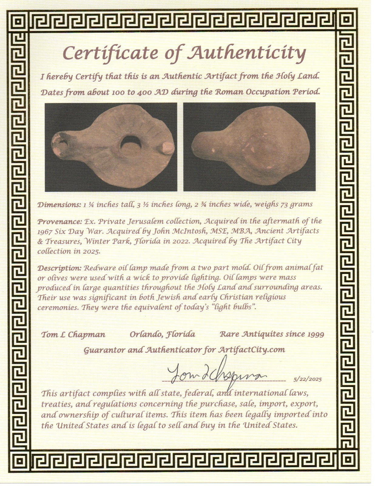 Holy Land Oil Lamp Ancient Artifact Jesus Christ Homeland 100-400 AD COA J107