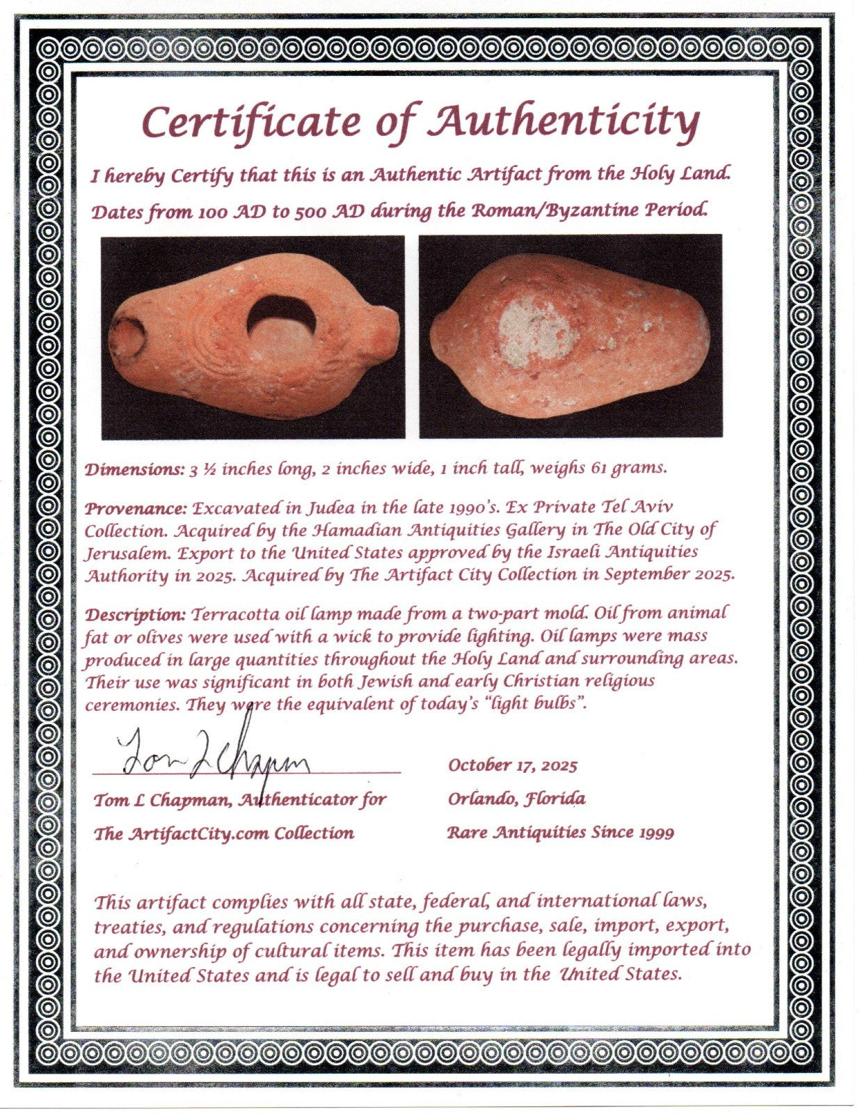 Ancient Holy Land Oil Lamp Artifact From Jesus Christ Home Land 100-500AD COA 56