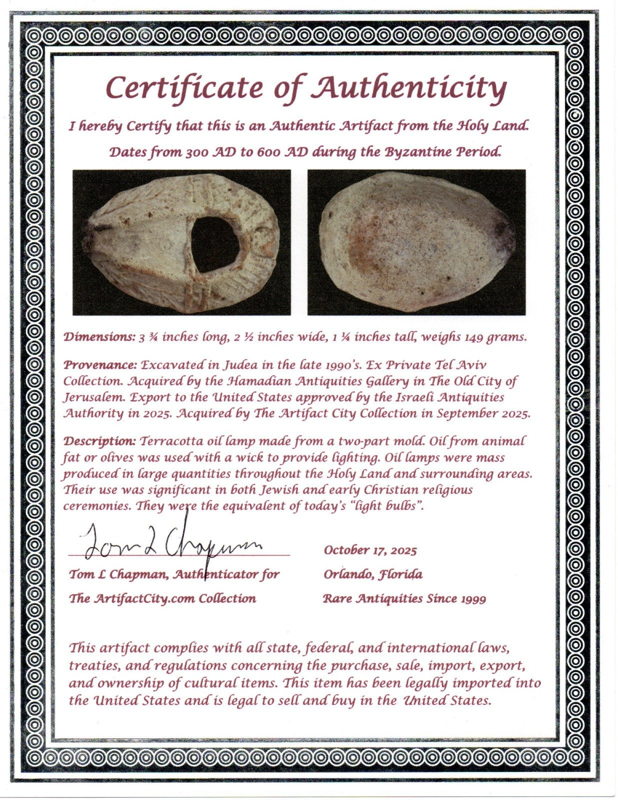 Ancient Holy Land Oil Lamp Artifact Jesus Christ Home Israel 300-600 AD COA 105