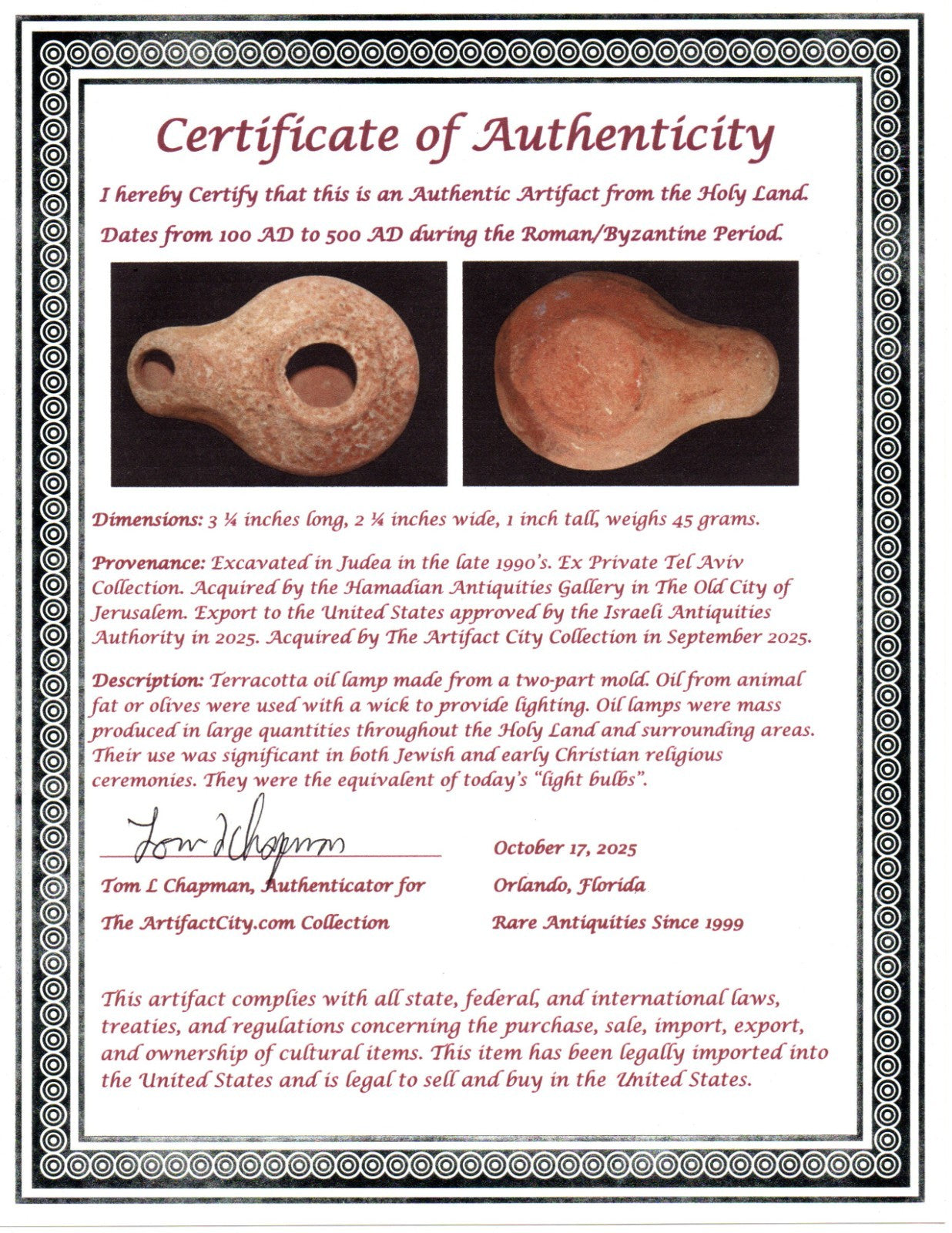Ancient Holy Land Oil Lamp Artifact From Jesus Christ Home Land 100-500AD COA 53