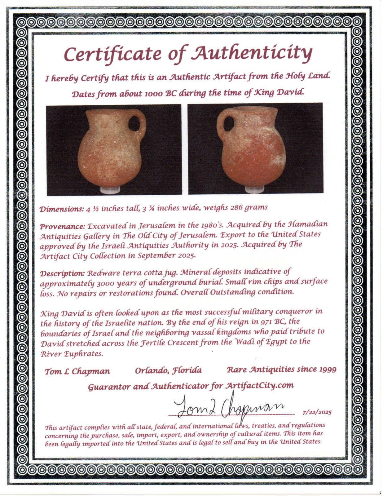 Ancient Holy Land Artifact King David Jug Land of Jesus Christ 1000 BC COA 21
