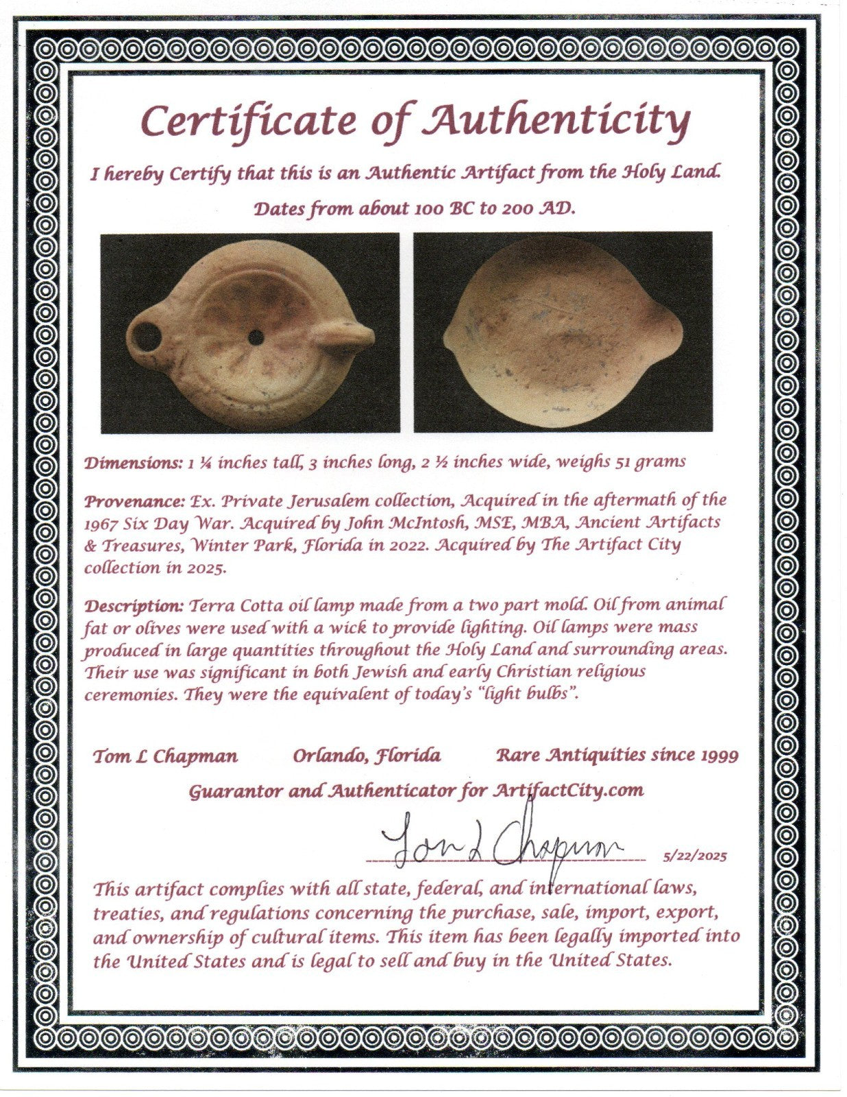 Ancient Holy Land Oil Lamp Artifact Land of Jesus Christ 100 BC-200 AD COA J149