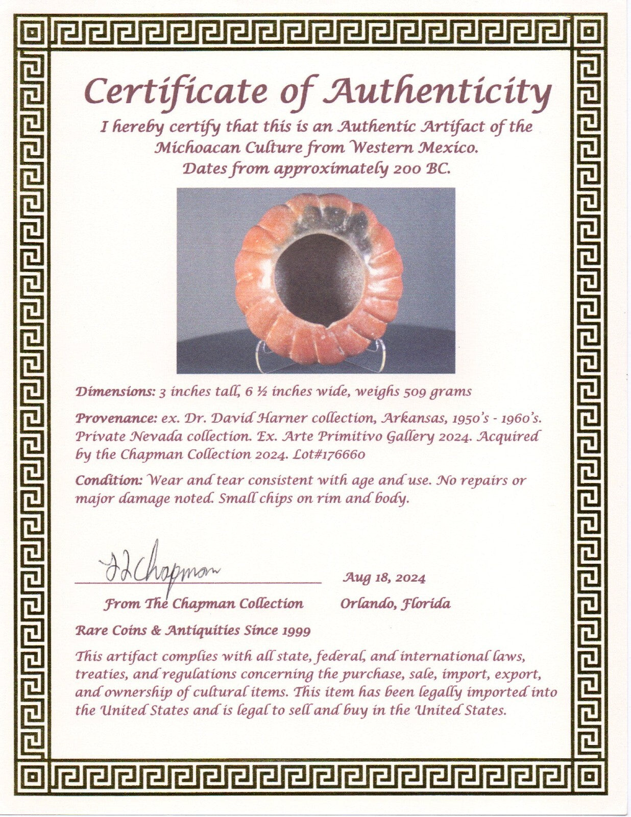 Pre Columbian Authentic Artifact Gadrooned Bowl Michoacan Mexico 200 BC COA T46