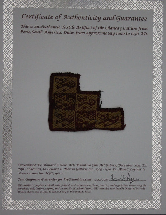 Authentic Pre Columbian Artifact Frameable Textile Border Chancay Peru COA 30