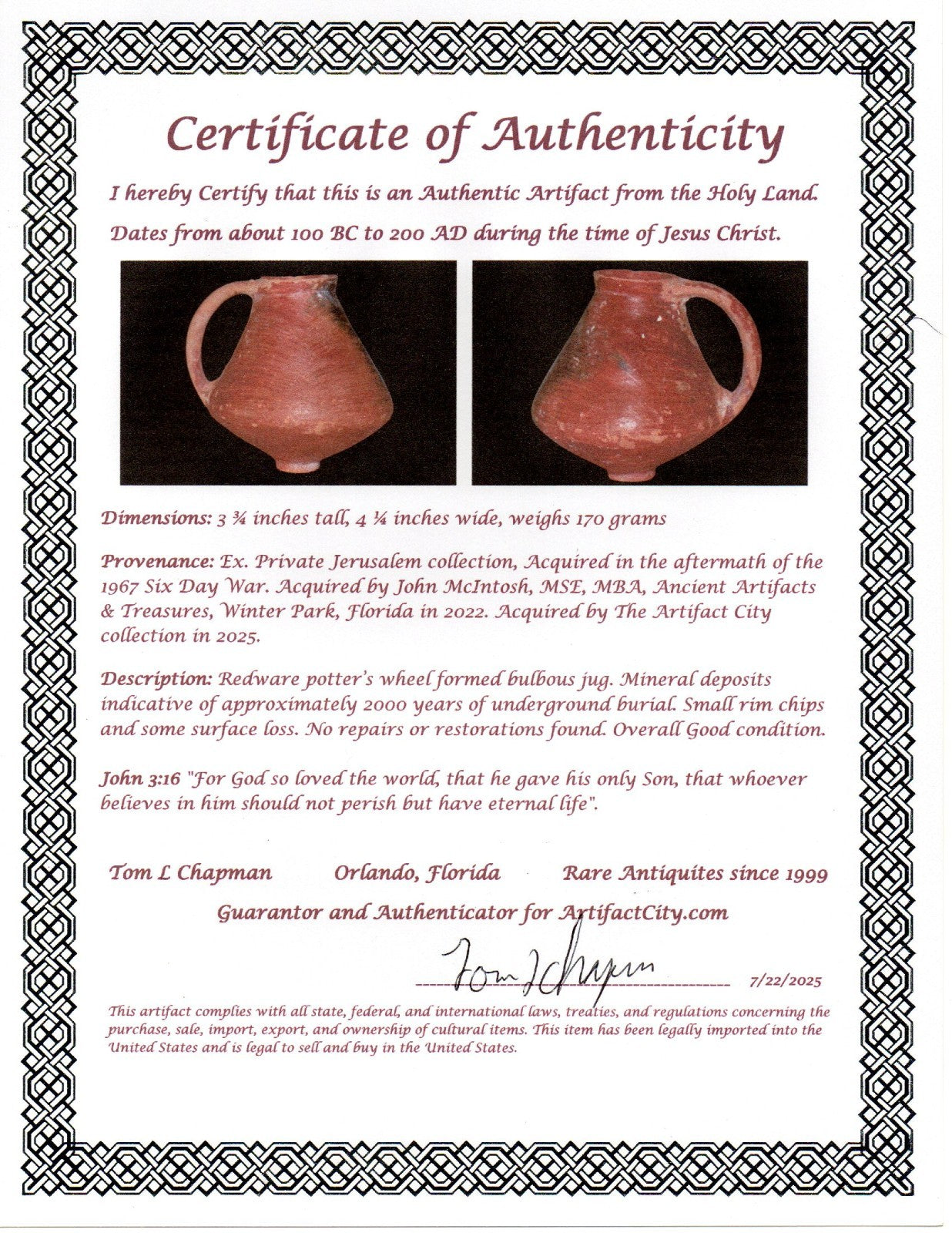 Holy Land Artifact Authentic From Time of Jesus Christ Jug 100BC-200AD COA J134