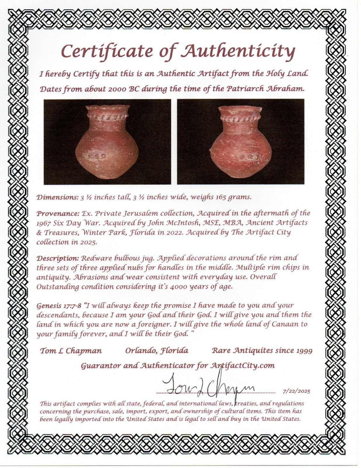Holy Land Artifact Authentic 4000 Year Old Jug Time of Abraham 2000 BC COA J131