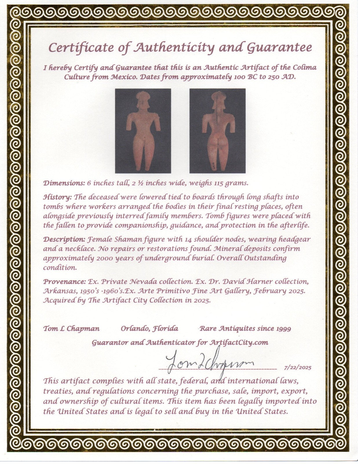 Pre Columbian Artifact 6in Female Shaman Tomb Figure Colima Mexico 100BC COA 253