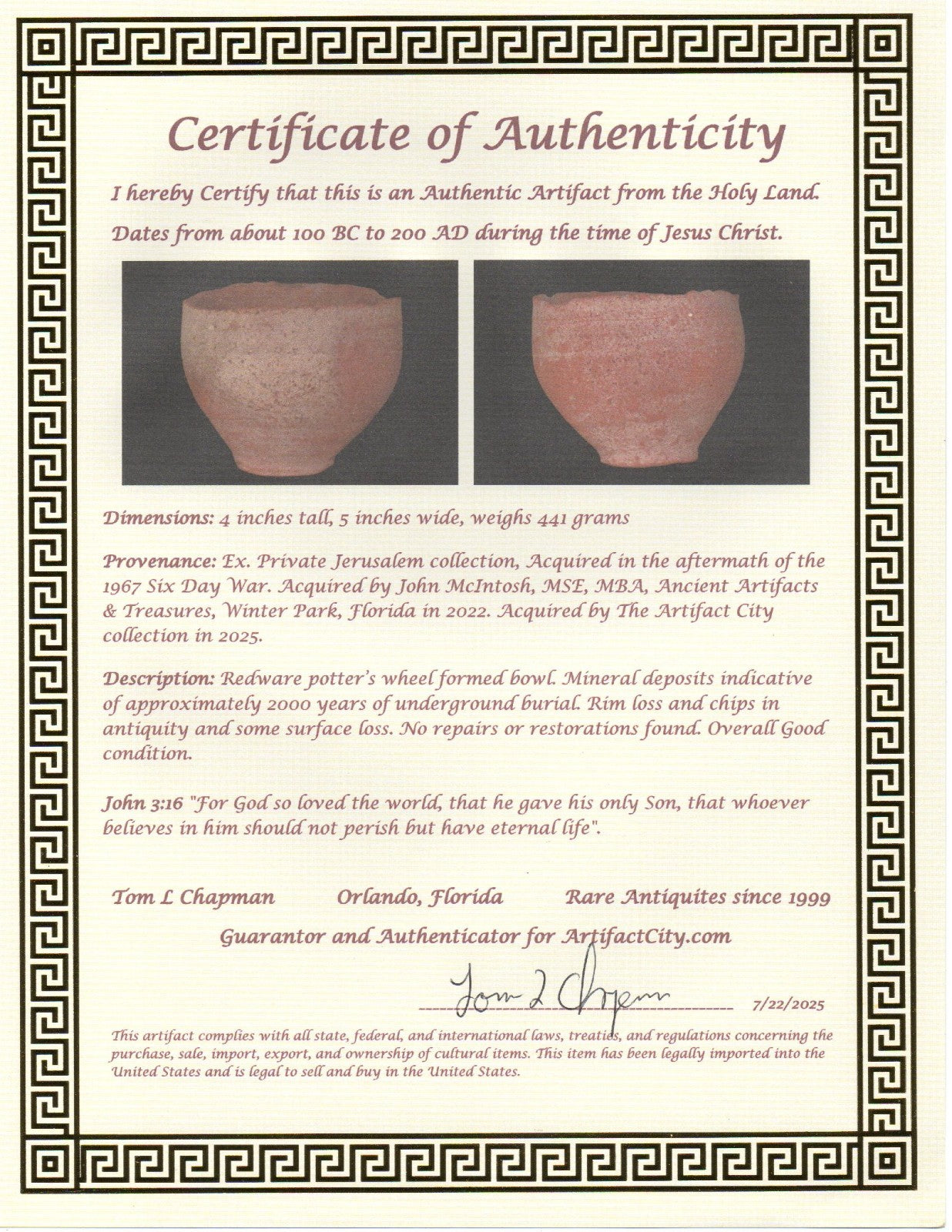 Holy Land Artifact Authentic From Time of Jesus Christ Bowl 100BC-200AD COA J136