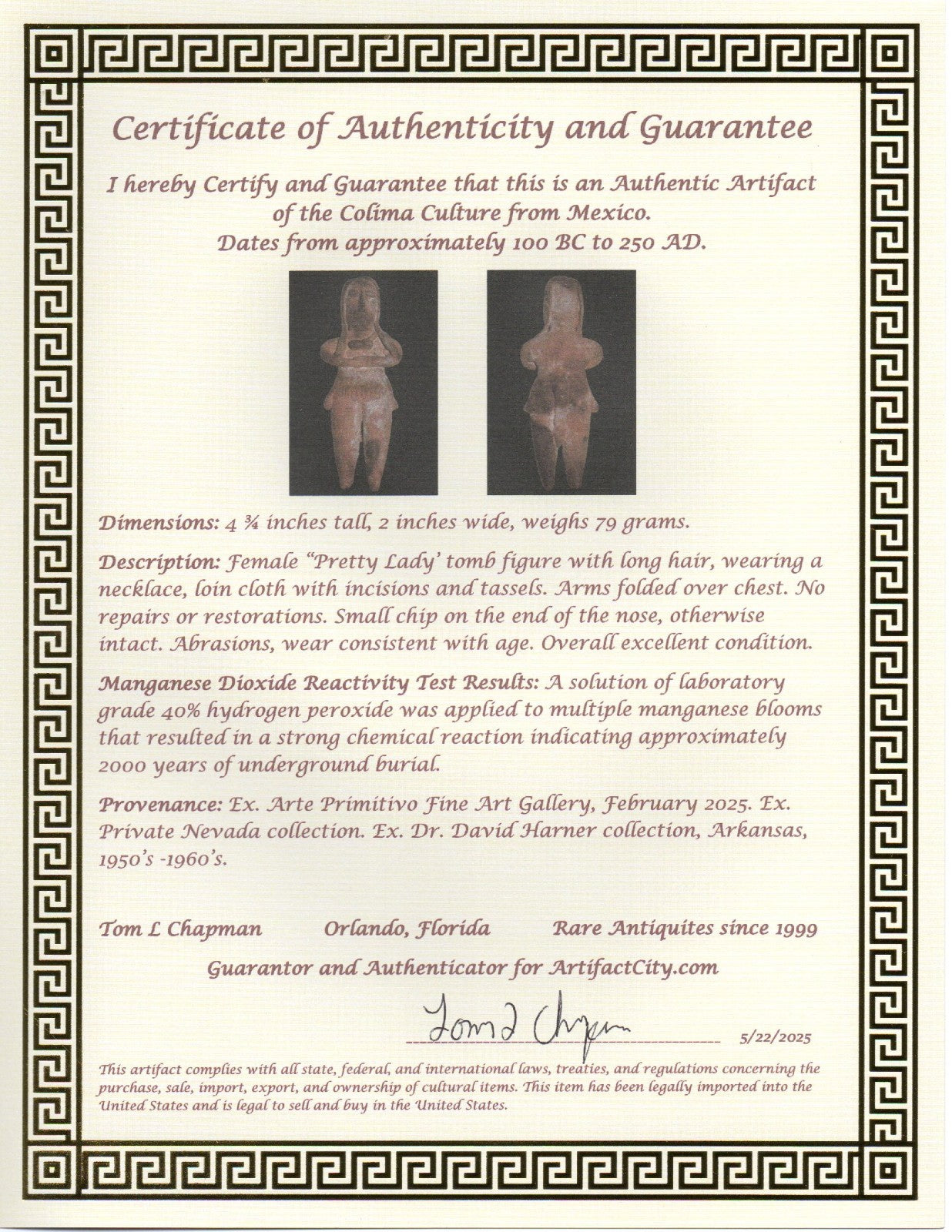 Pre Columbian Authentic Artifact Pretty Lady Tomb Figure Colima Mexico COA 210