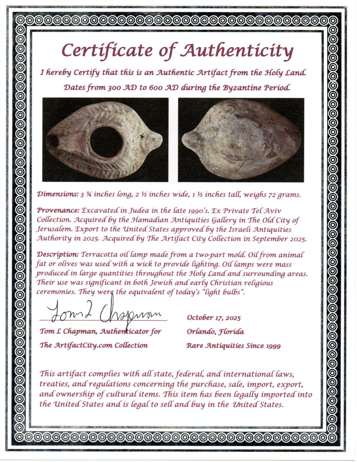 Ancient Holy Land Oil Lamp Artifact Jesus Christ Home Israel 300-600 AD COA 92