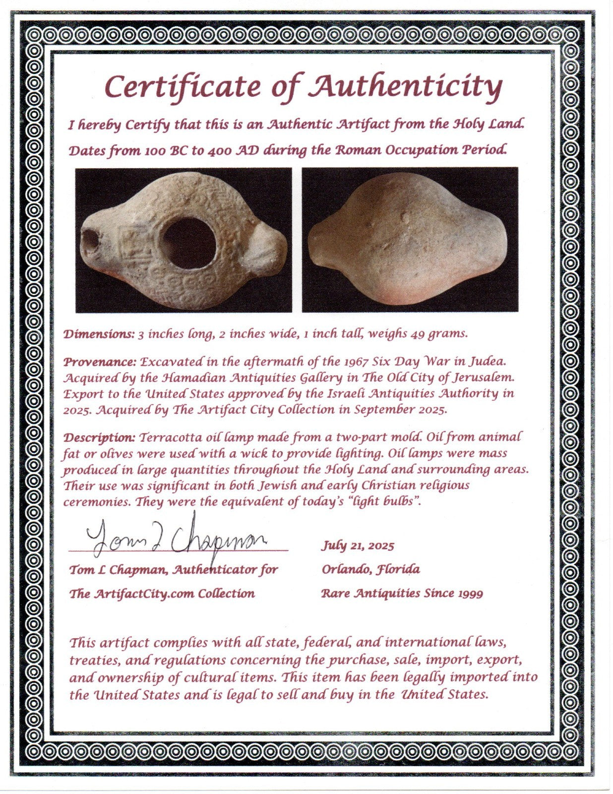 Ancient Holy Land Oil Lamp Artifact Jesus Christ Homeland 100BC-400AD COA 19