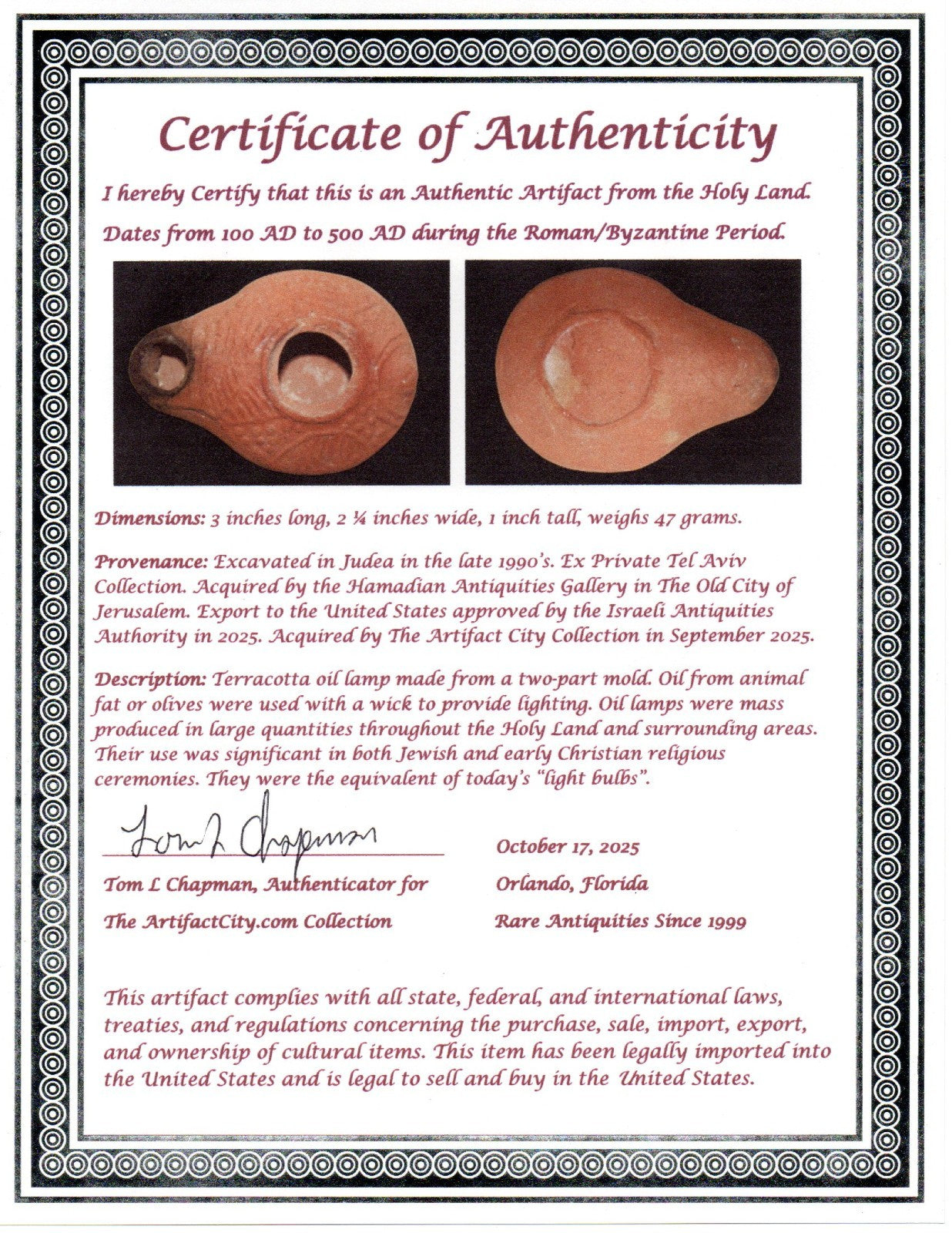 Ancient Holy Land Oil Lamp Artifact From Jesus Christ Home Land 100-500AD COA 51