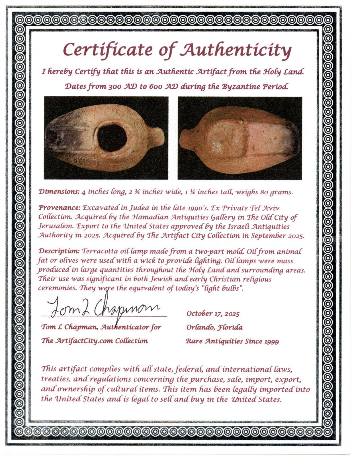 Ancient Holy Land Oil Lamp Artifact 2 Hidden Christian Crosses 300-600AD COA 108