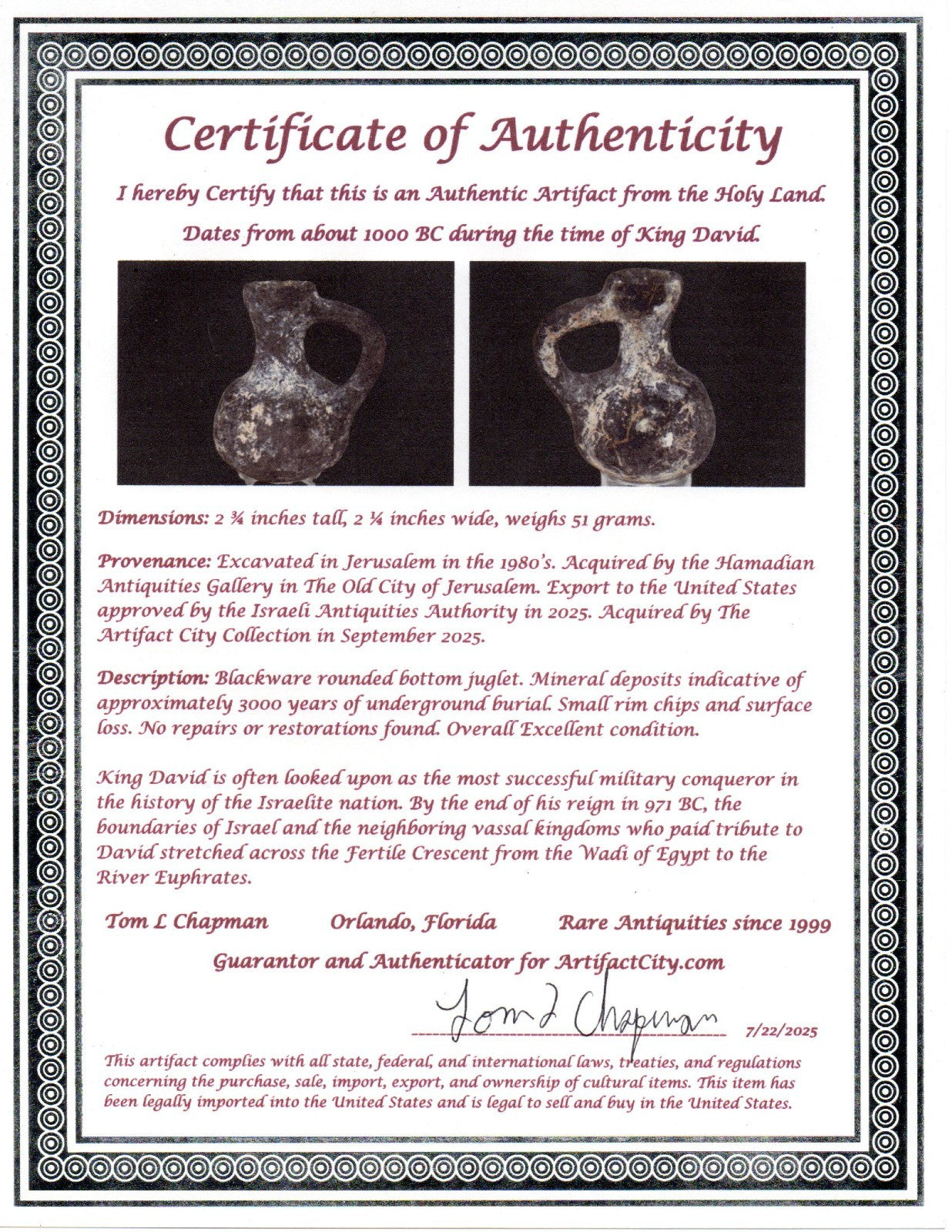 Ancient Holy Land Artifact King David Mini Jugglet Christ Home Land 1000BC COA 3