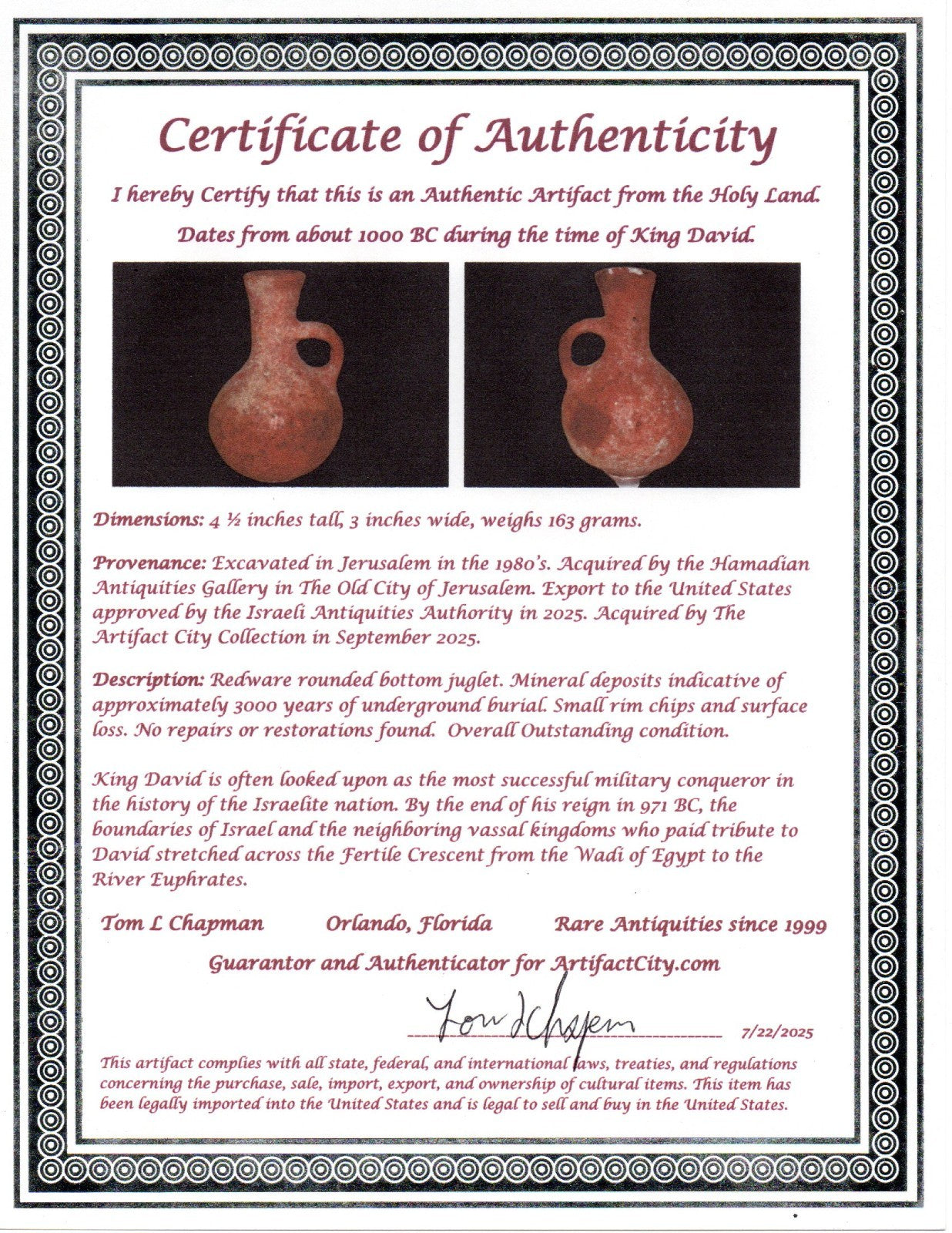Ancient Holy Land Artifact King David Era Jug Land of Jesus Christ 1000 BC COA 9