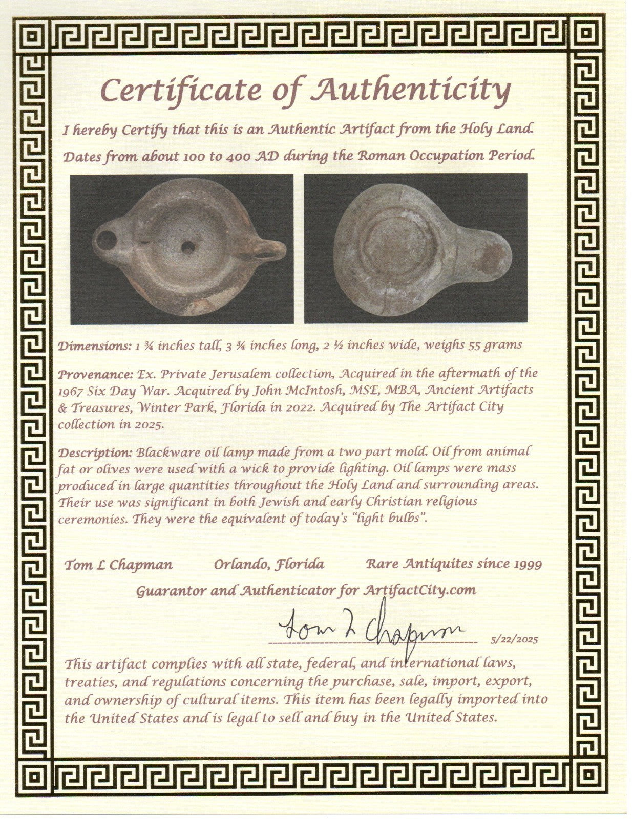 Ancient Holy Land Oil Lamp Artifact Jesus Christ Homeland 100-400 AD COA J110