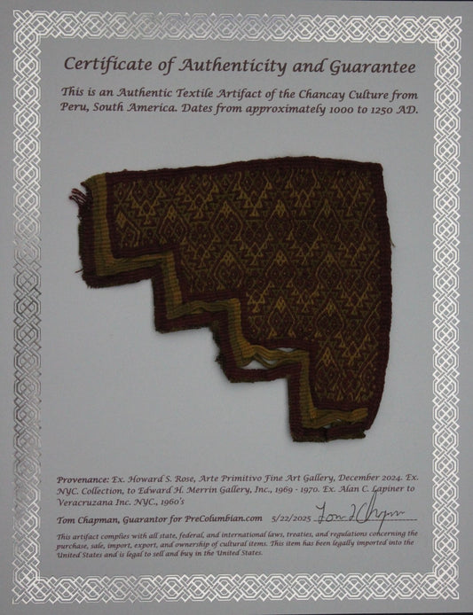 Authentic Pre Columbian Artifact Frameable Textile Border Chancay Peru COA 24
