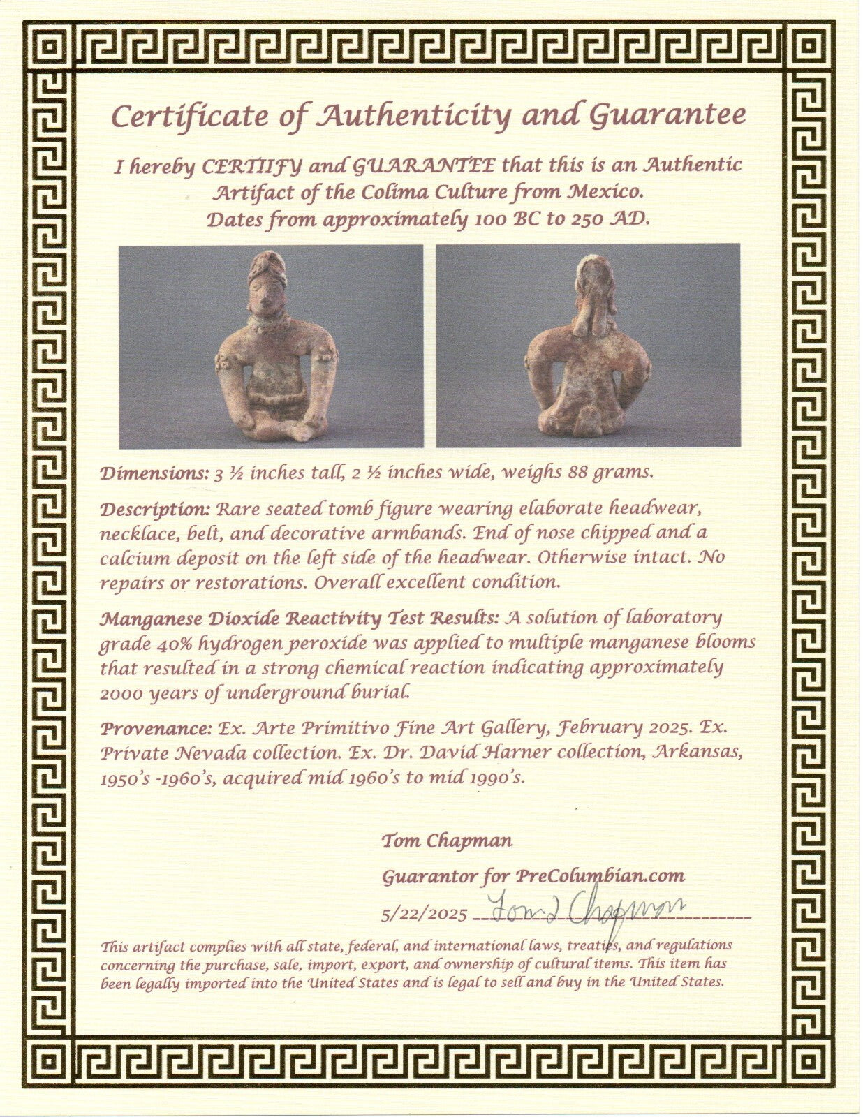 Pre Columbian Artifact Authentic Rare Seated Tomb Figure Colima Mexico COA 179