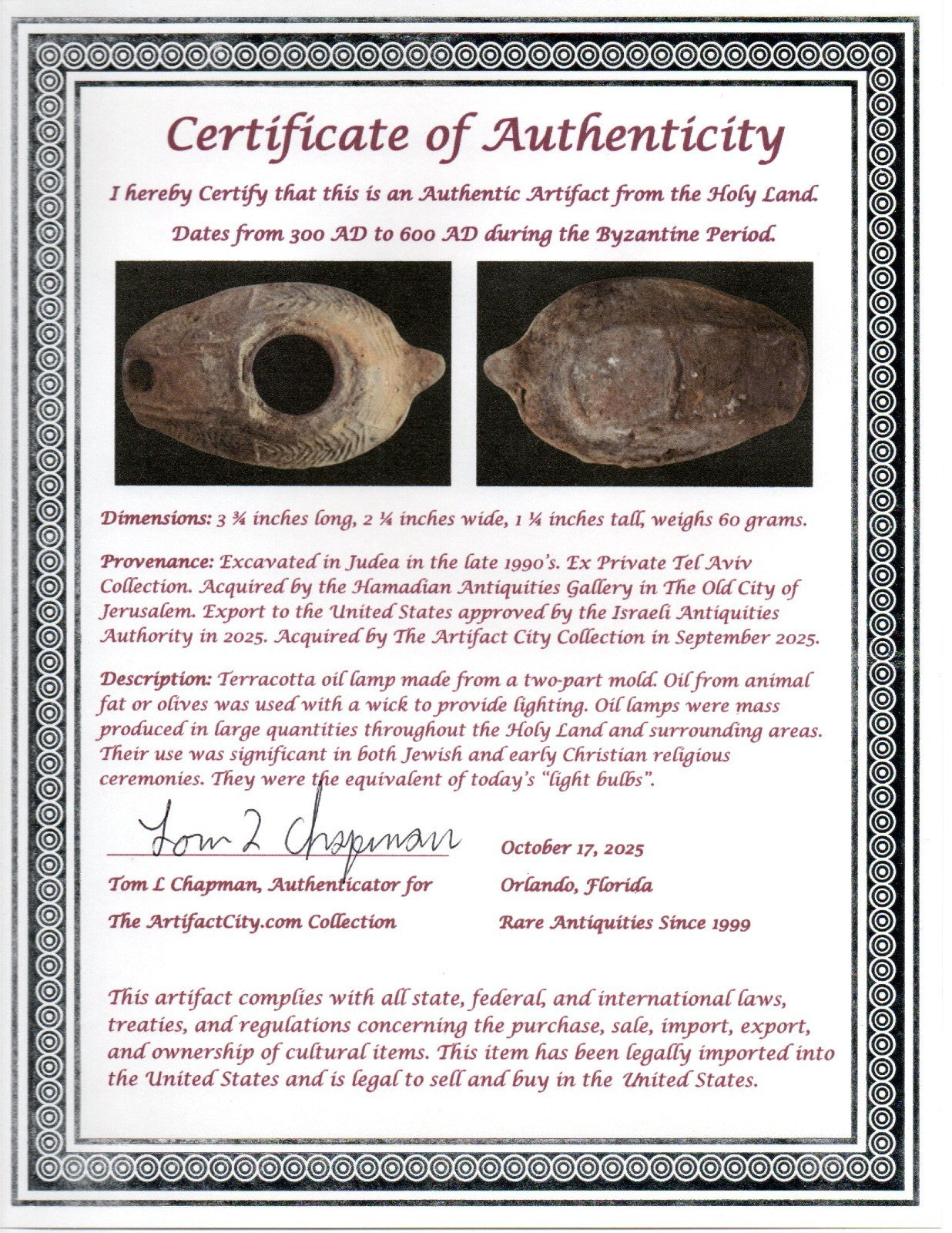 Ancient Holy Land Oil Lamp Artifact 2 Hidden Christian Crosses 300-600AD COA 100