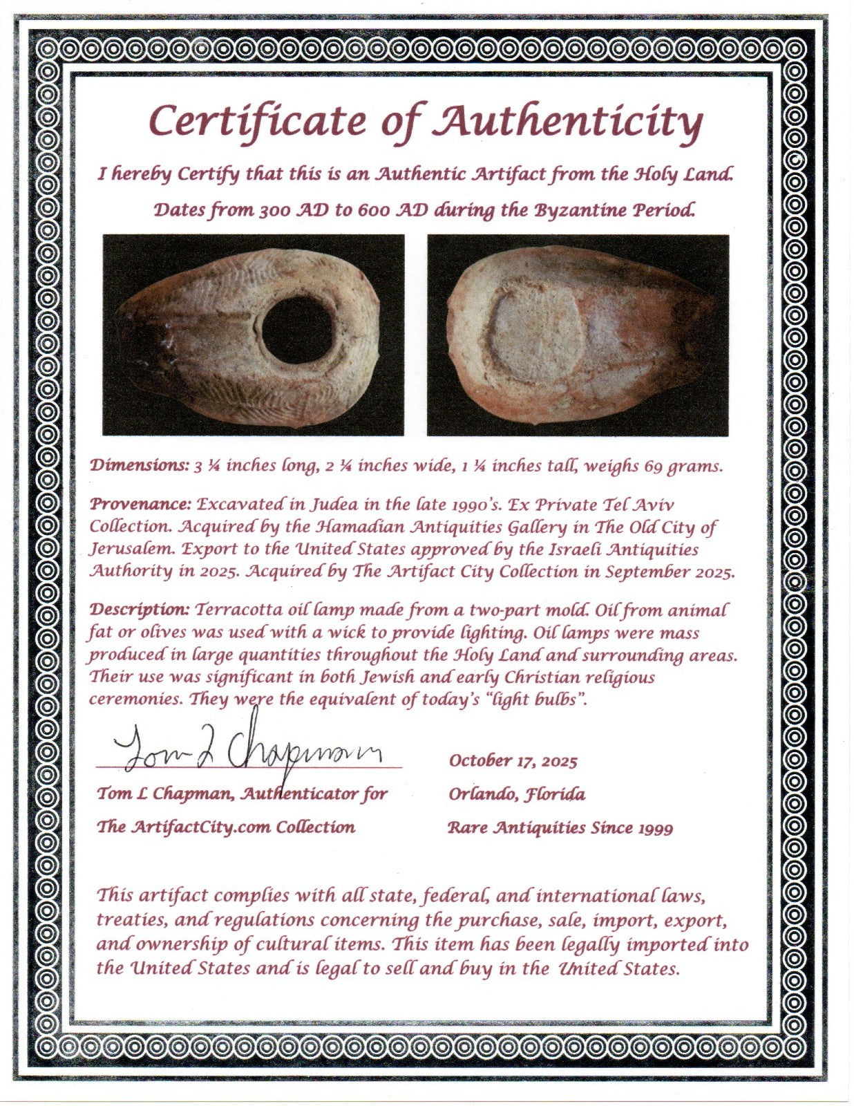 Ancient Holy Land Oil Lamp Artifact Jesus Christ Home 300-600 AD Israel COA 96