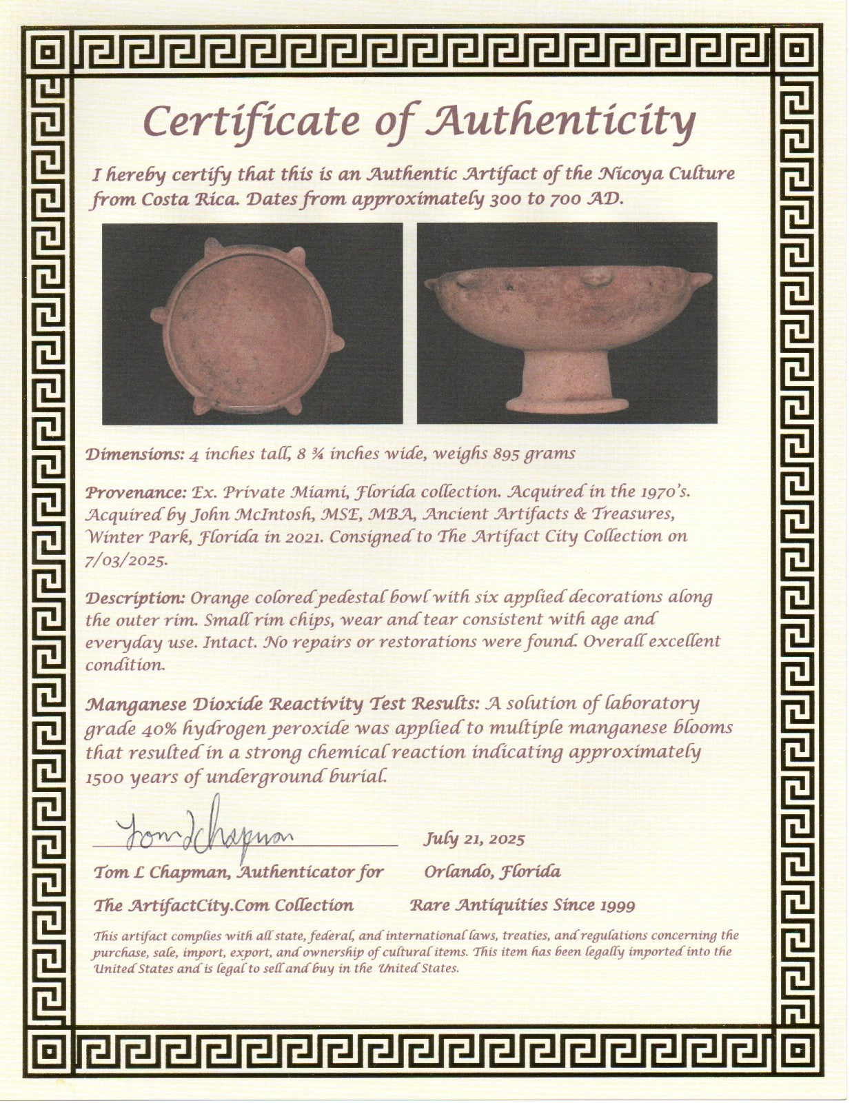 Pre Columbian Authentic Artifact Pedestal Bowl Nicoya Costa Rica 500 AD COA J45