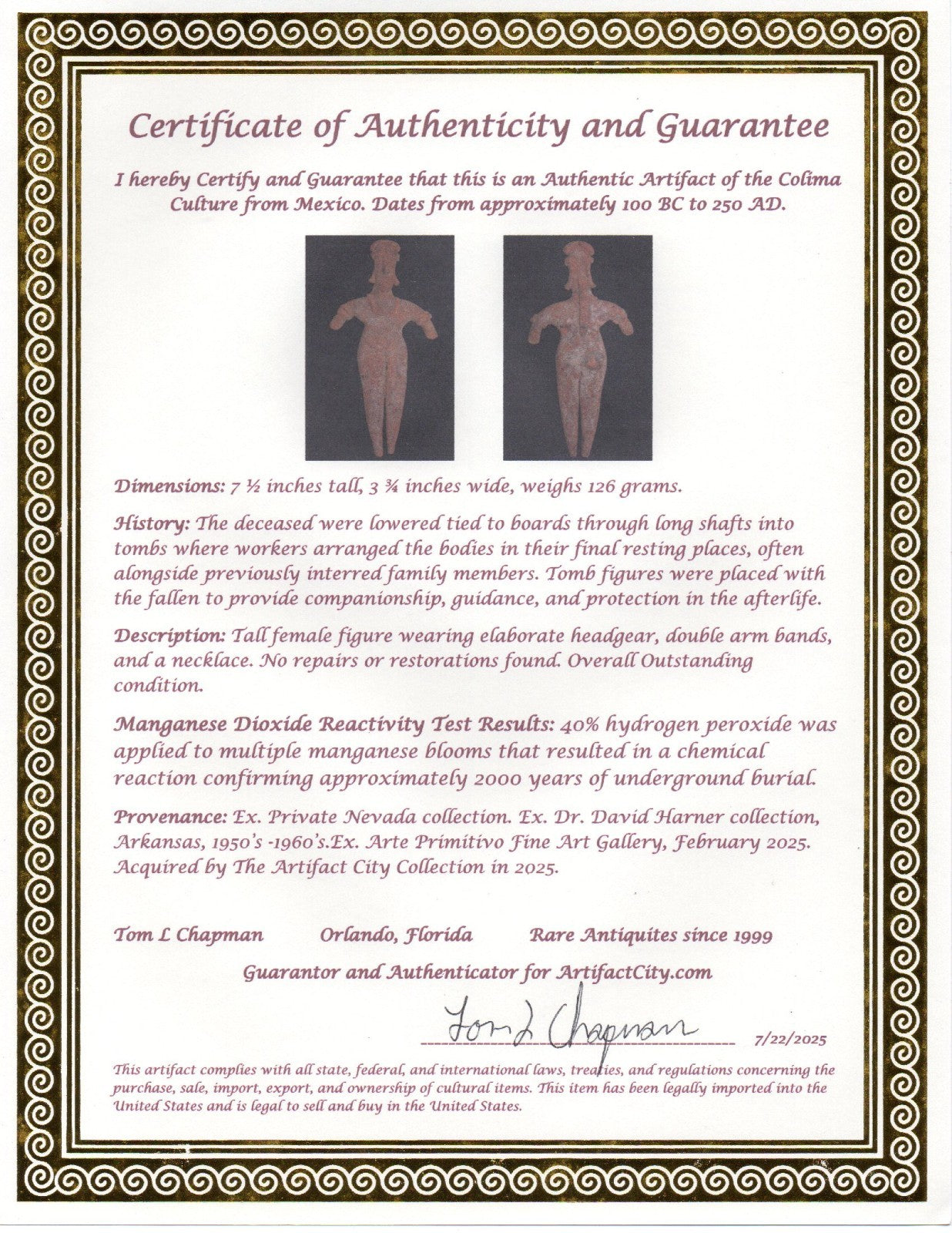 Pre Columbian Artifact 7 inch Female Tomb Figure Colima Mexico 100BC COA 252