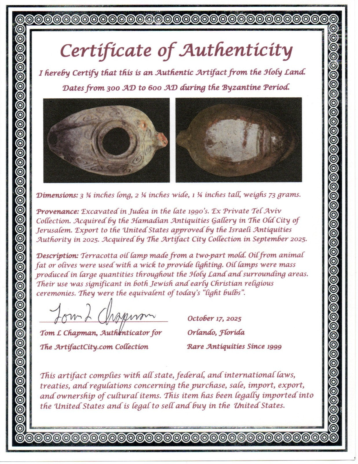 Ancient Holy Land Oil Lamp Artifact Jesus Christ Home Israel 300-600 AD COA 80