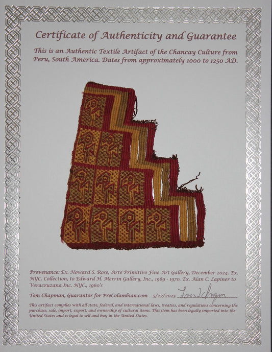 Authentic Pre Columbian Artifact Frameable Textile Border Chancay Peru COA 10
