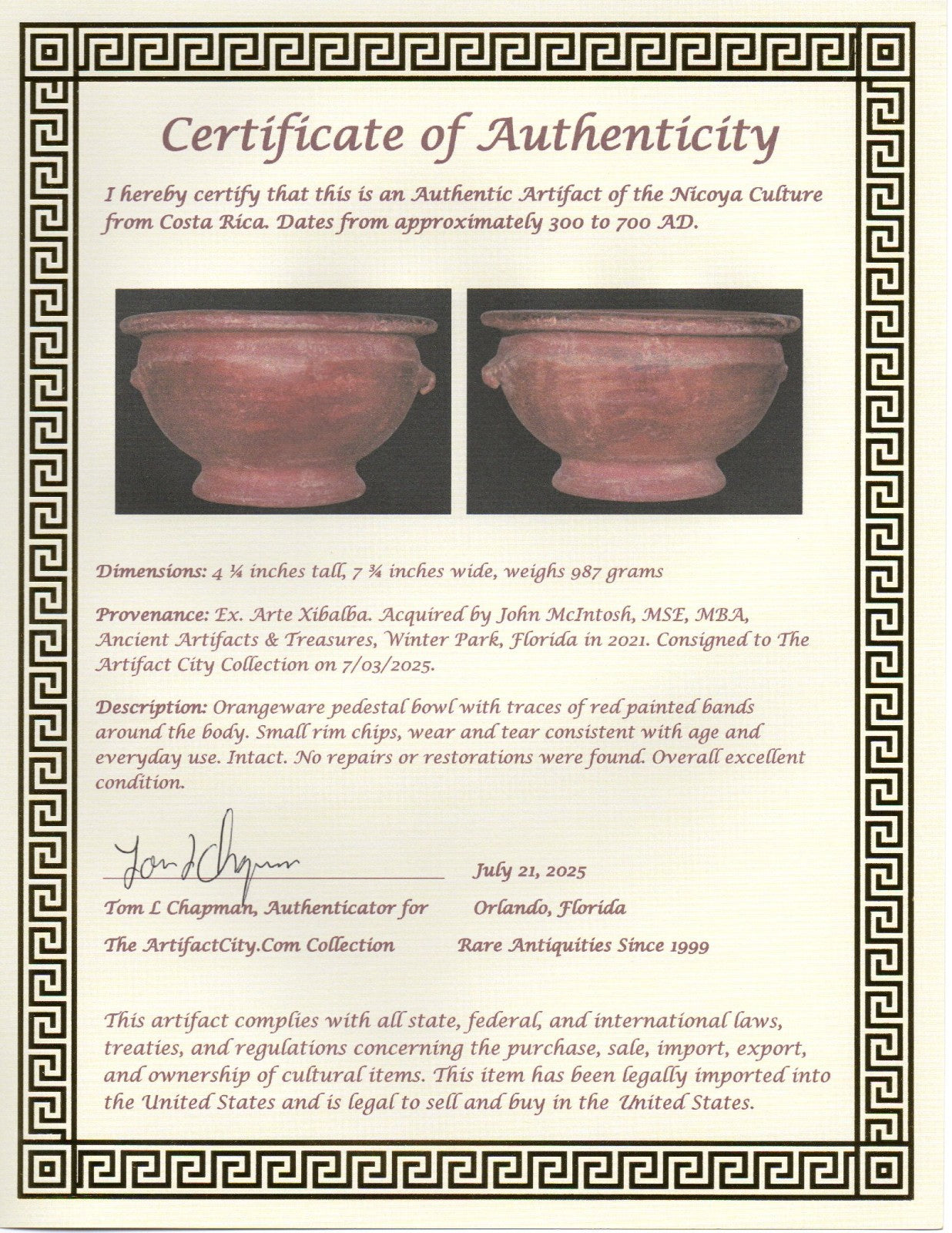 Pre Columbian Authentic Artifact Pedestal Bowl Nicoya Costa Rica 500 AD COA J59