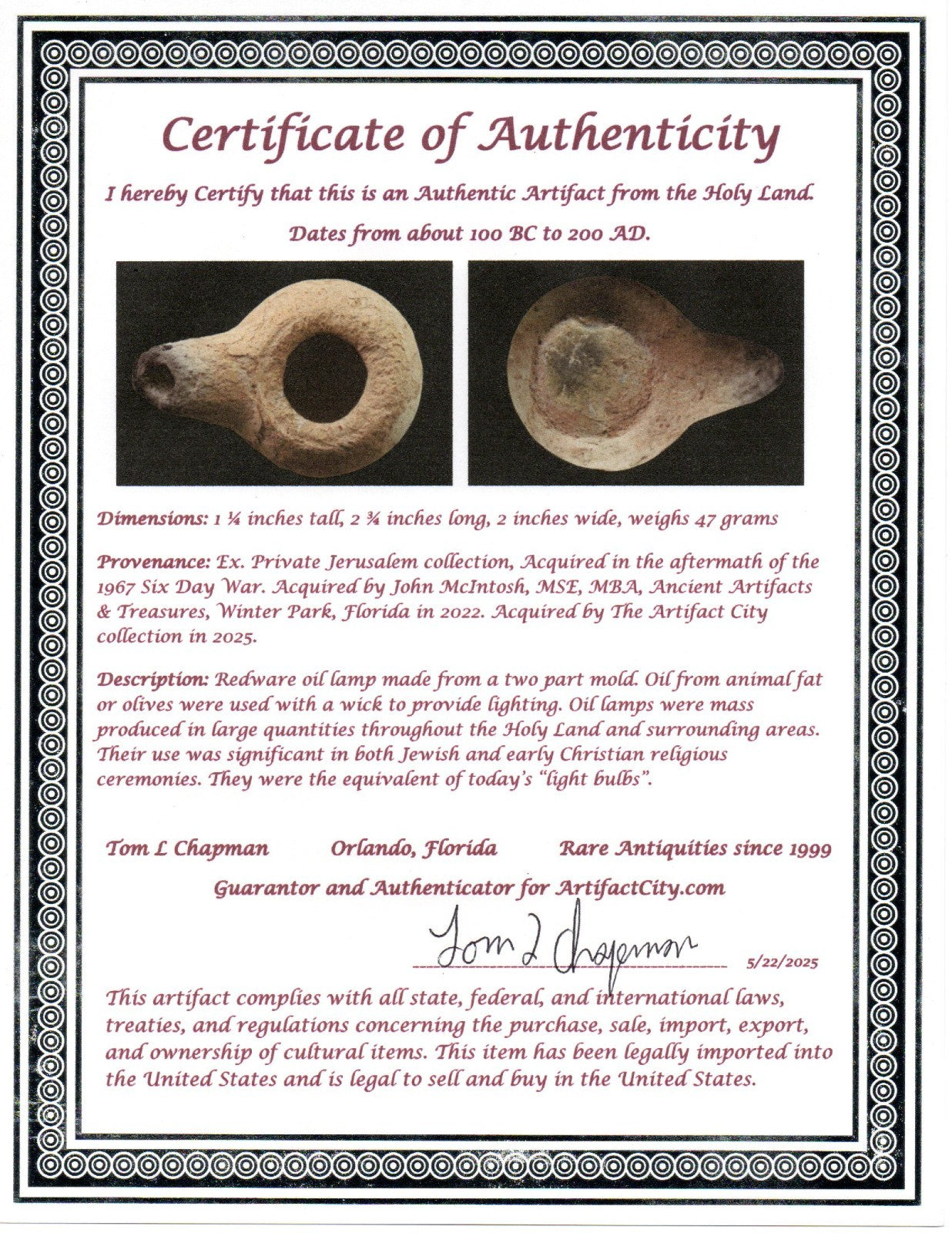 Ancient Holy Land Oil Lamp Artifact Land of Jesus Christ 100 BC-200 AD COA J147