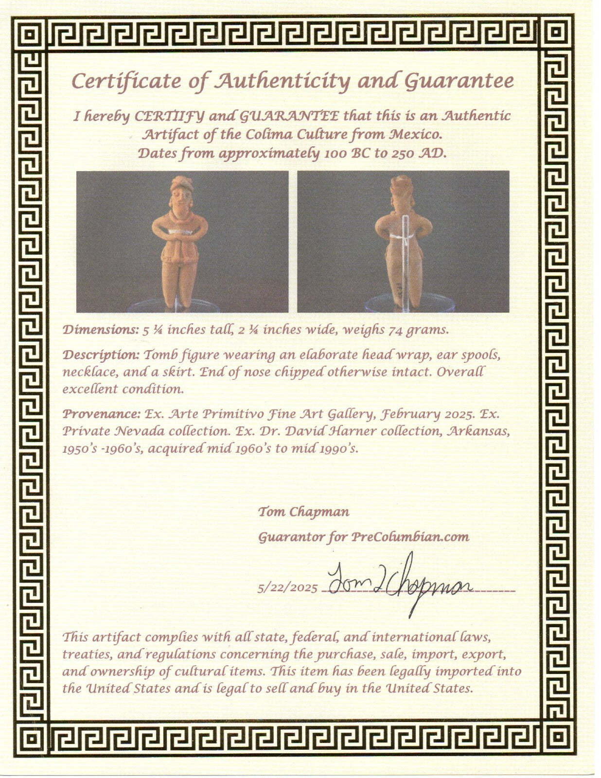 Pre Columbian Authentic Artifact Tomb Figure Colima Mexico 100 BC-250 AD COA 162